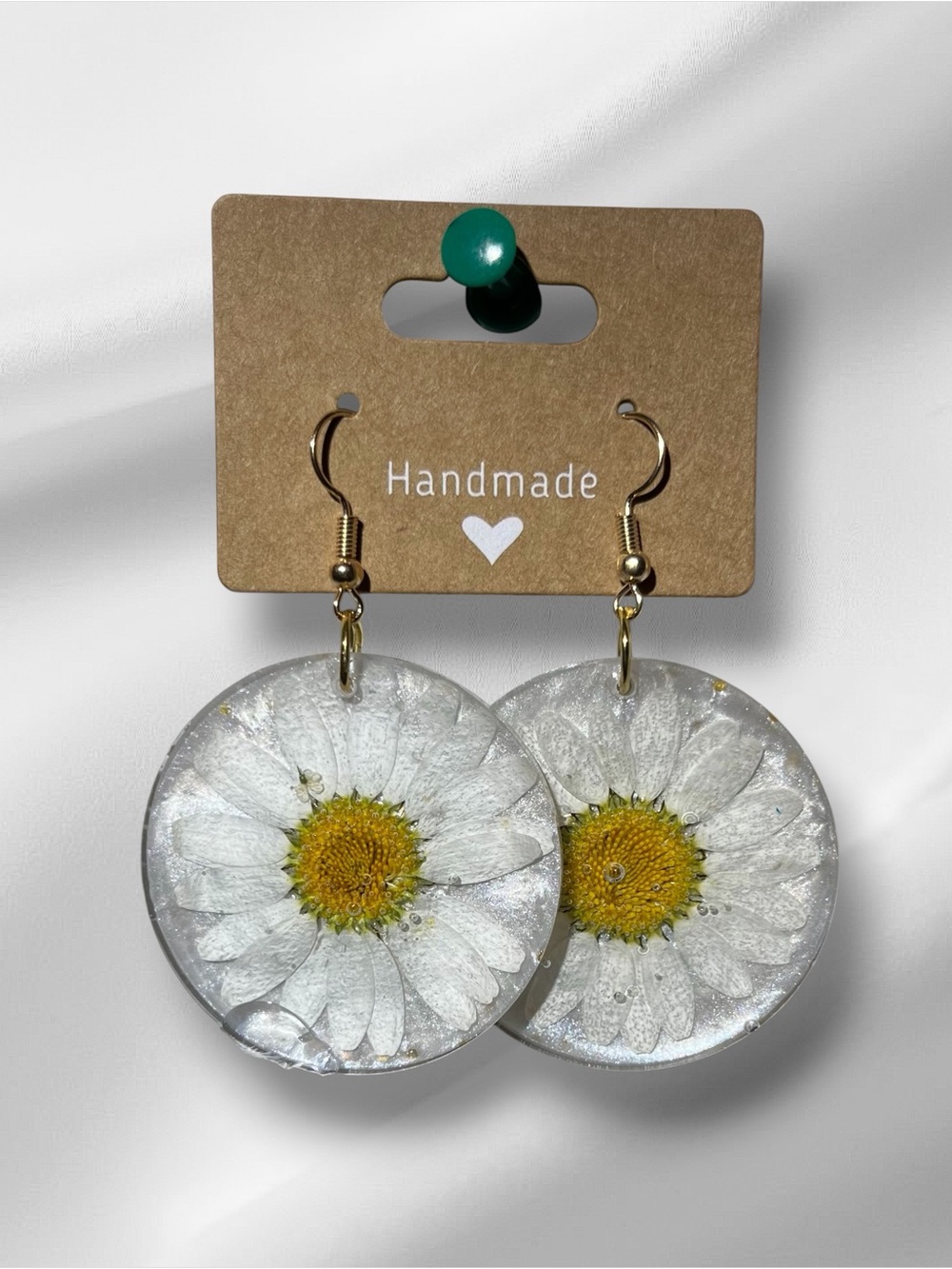 Handmade Daisy Resin Drop Earrings - White & Yellow